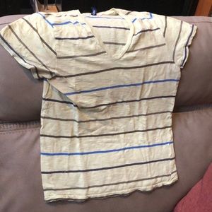 Men’s soft yellow V-neck with blue/ brown /black stripes.  Euro fit